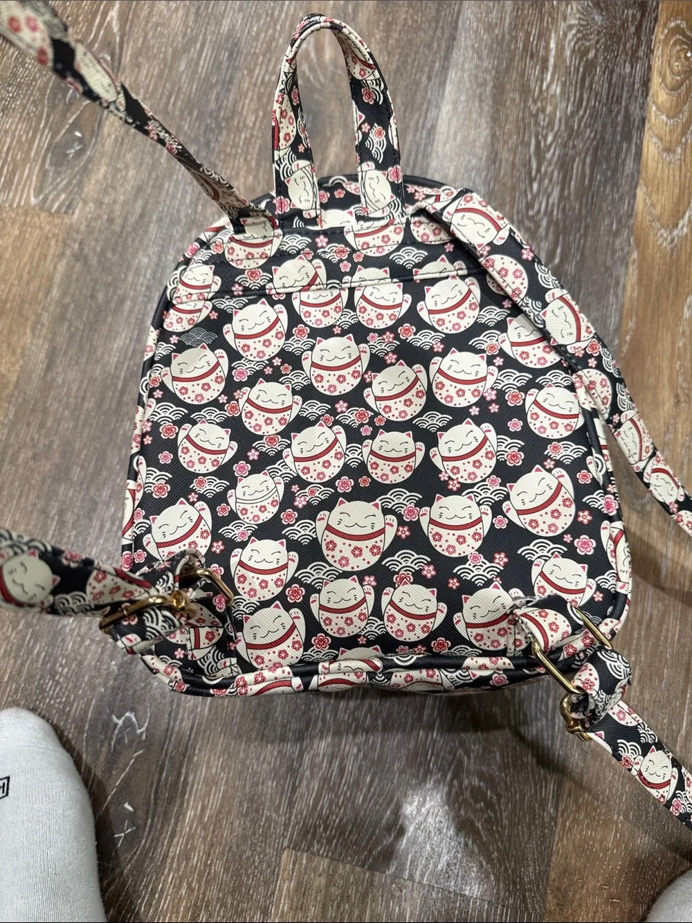 Cute Lucky Cat Print Mini Backpack - Black & Pink